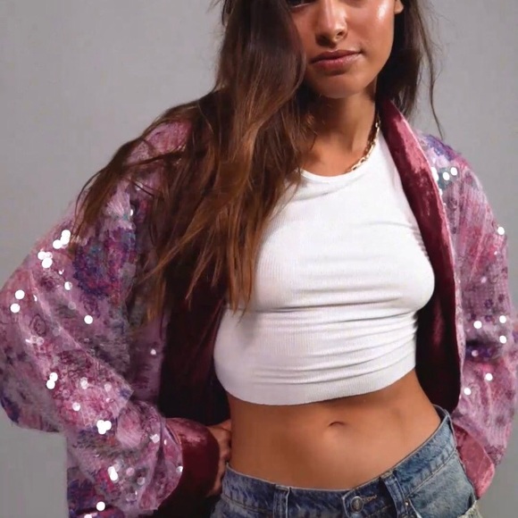 Free People Kealey Kimono Sequin Pink Purple Velvet Cardigan Jacket Duster $298 - Picture 4 of 13